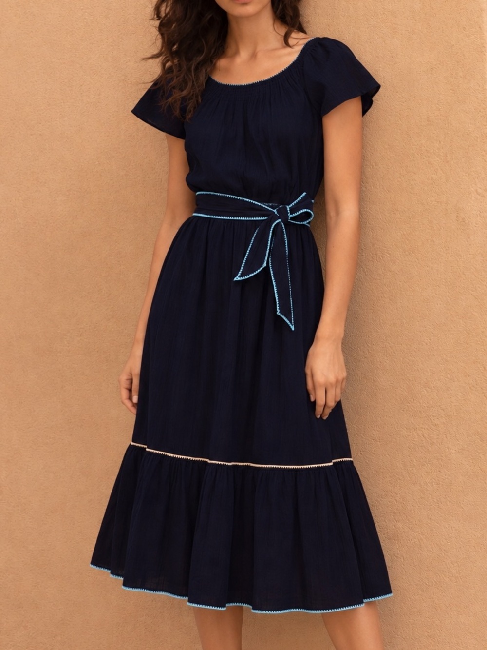 Talbots Navy Crinkled Gauze Midi Dress 100% Cotton Tie Waist Cottagecore NWT L
